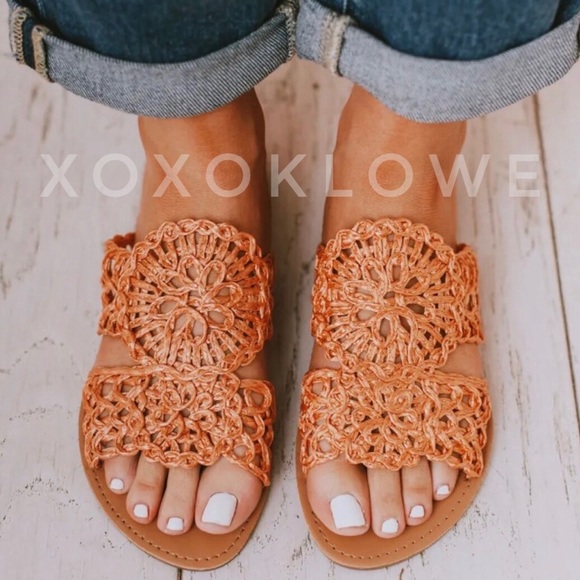 Boho Coral Crochet Raffia Slide Sandals - Picture 9 of 13